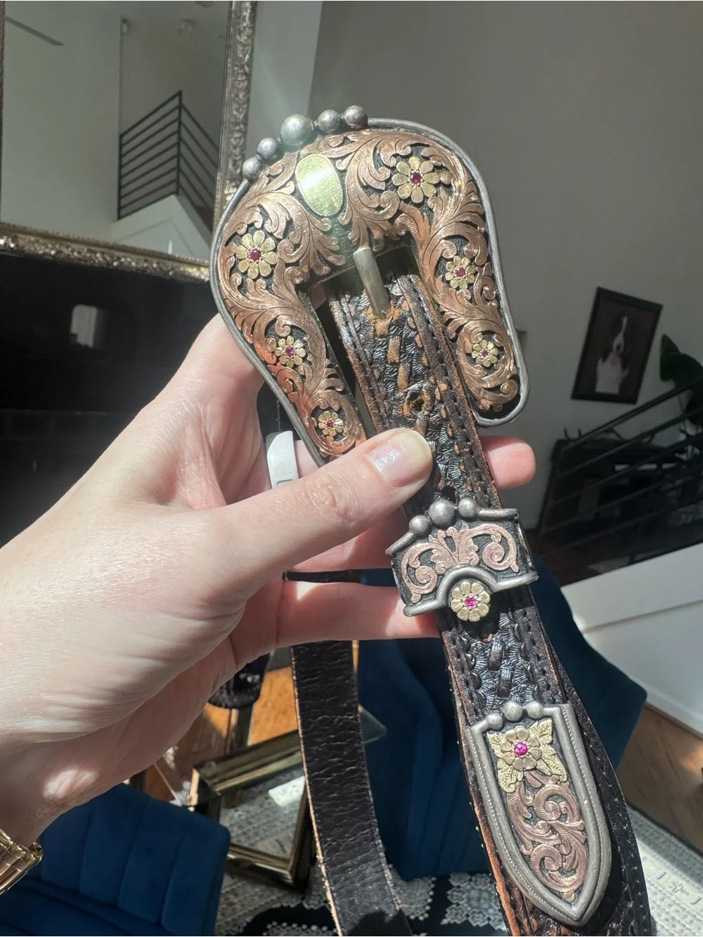 Vintage Bob Berg Hand-Tooled Western Belt Buckle with basket weave leather belt